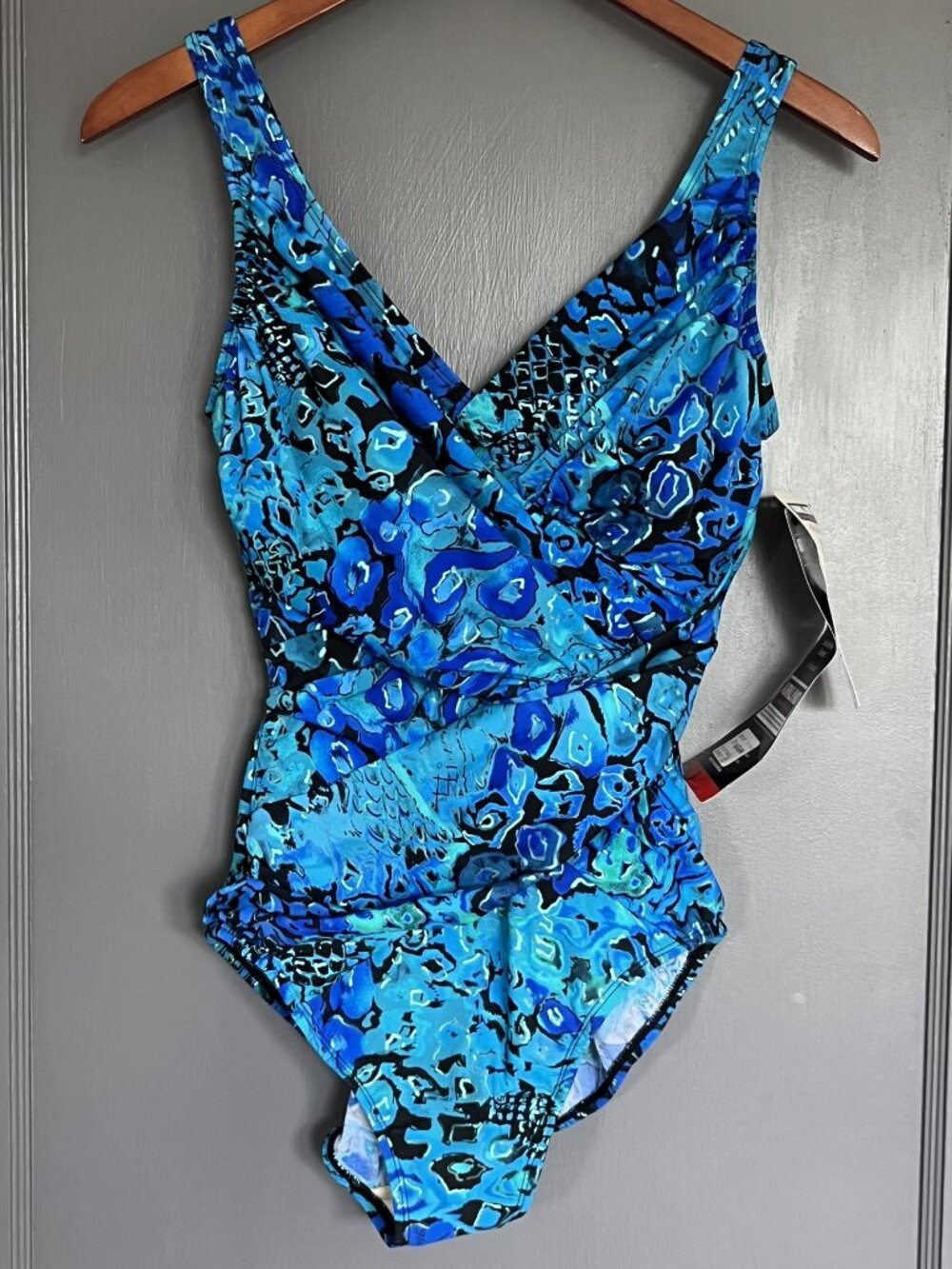 NWT Kirkland Miraclesuit Crossover Drape One Piece Swimsuit Blue Metallic Size 8
